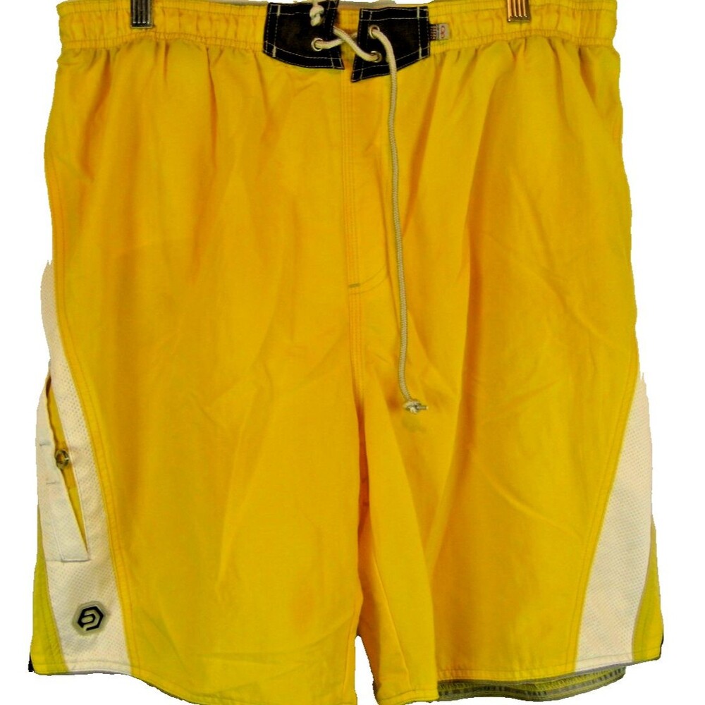Mens OP Ocean Pacific Poly Yellow White Blue Swim Trunks Board Shorts sz L